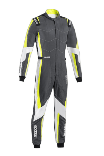 Grand Prix Racewear racing suit in black, grey, and neon yellow with protective padding, designed for motorsport drivers.