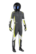 Grand Prix Racewear racing suit with helmet, designed for motorsport safety and performance, featuring black, grey, and neon yellow accents.