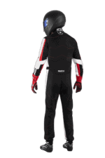 Race driver in Grand Prix Racewear suit with helmet, standing with back view, showcasing professional motorsport apparel.