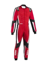 Red and black Grand Prix racing suit with white accents from GPR Direct, designed for professional motorsport drivers.