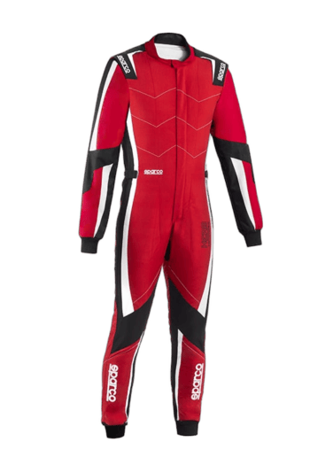 Red and black Grand Prix racing suit with white accents from GPR Direct, designed for professional motorsport drivers.