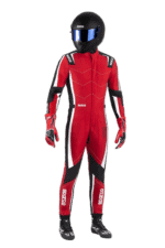 Professional racing driver in red and black Grand Prix Racewear suit with helmet, showcasing high-quality motorsport apparel for safety and performance.