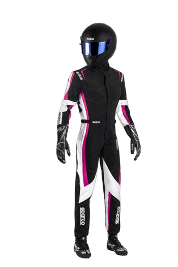 Grand Prix Racewear racing suit with helmet, designed for motorsport safety and performance, featuring black, pink, and white accents.