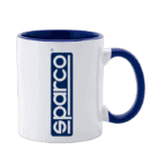 White ceramic mug with blue interior and handle featuring Sparco logo, ideal for motorsport enthusiasts and racewear branding.