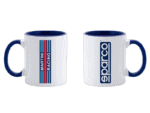 Two racing-themed ceramic mugs featuring Martini Racing and Sparco logos, ideal for motorsport fans and racewear branding.