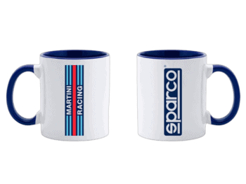 Two racing-themed ceramic mugs featuring Martini Racing and Sparco logos, ideal for motorsport fans and racewear branding.