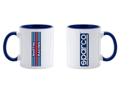 Two racing-themed ceramic mugs featuring Martini Racing and Sparco logos, ideal for motorsport fans and racewear branding.