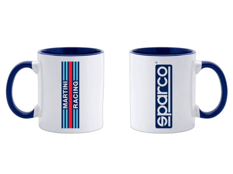 Two racing-themed ceramic mugs featuring Martini Racing and Sparco logos, ideal for motorsport fans and racewear branding.