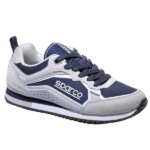 Sparco racing shoes in white and navy blue, designed for motorsport enthusiasts and professional drivers.