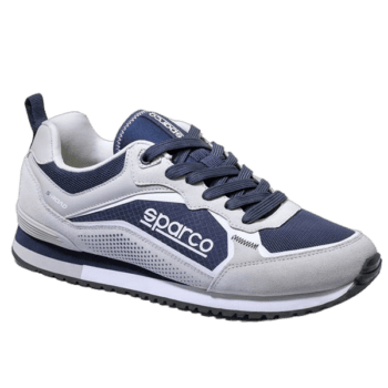 Sparco racing shoes in white and navy blue, designed for motorsport enthusiasts and professional drivers.