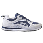 Sparco racing shoes in white and navy blue, designed for motorsport enthusiasts and professional drivers.