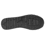 Close-up of a black racing shoe sole with detailed tread pattern for grip and performance.