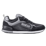 Black and grey Sparco racing shoes designed for motorsport safety and performance, featuring durable materials and a comfortable fit.