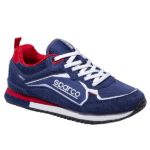 Blue and red Sparco racing shoe with white laces, designed for motorsport safety and performance.