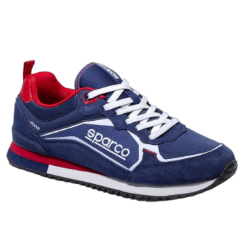 Blue and red Sparco racing shoe with white laces, designed for motorsport safety and performance.