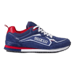 Blue and red Sparco racing shoe with white laces, designed for motorsport safety and performance.