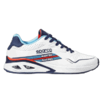 White Sparco racing shoe with blue and red accents, designed for motorsport safety and performance, featuring lightweight construction and racing branding.