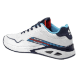 White racing shoe with blue, red, and black accents, featuring 'Martini Racing' branding, designed for motorsport enthusiasts and racers.