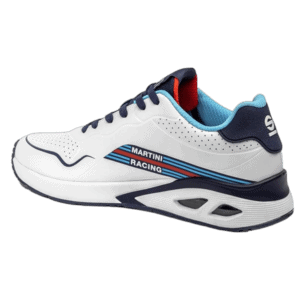 White racing shoe with blue, red, and black accents, featuring 'Martini Racing' branding, designed for motorsport enthusiasts and racers.