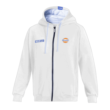 White racing hoodie with Gulf and Sparco logos, ideal for motorsport fans and racewear enthusiasts.