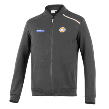 Grand Prix Racewear black racing jacket with Gulf and Sparco logos, designed for motorsport enthusiasts and professionals.