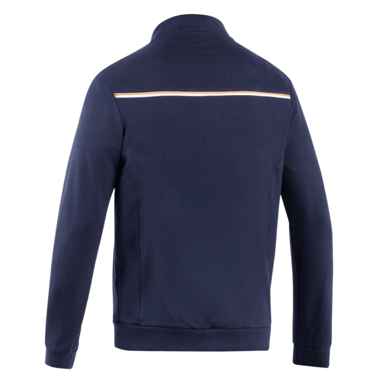 Navy blue Grand Prix Racewear jacket with reflective stripe, designed for motorsport safety and style.
