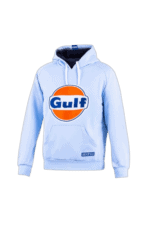 Light blue Gulf racing hoodie with logo, front view, ideal for motorsport fans and racewear enthusiasts.