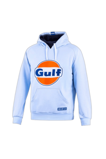 Light blue Gulf racing hoodie with logo, front view, ideal for motorsport fans and racewear enthusiasts.
