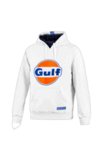 White Grand Prix Racewear hoodie featuring the Gulf logo, ideal for motorsport enthusiasts and racing events.