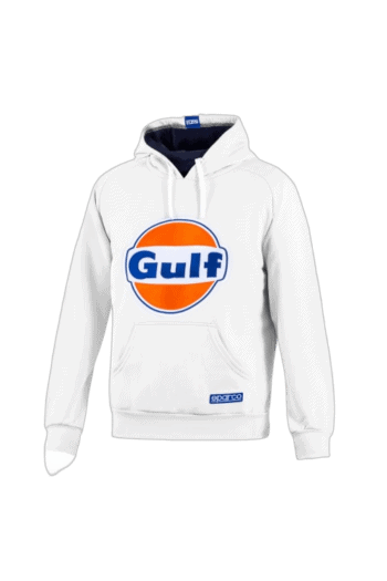 White Grand Prix Racewear hoodie featuring the Gulf logo, ideal for motorsport enthusiasts and racing events.
