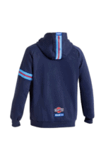 Navy blue Grand Prix Racewear hoodie with racing stripe details on the back and sleeves, designed for motorsport enthusiasts and racers.