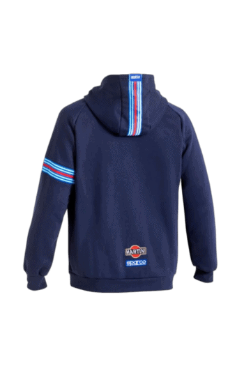 Navy blue Grand Prix Racewear hoodie with racing stripe details on the back and sleeves, designed for motorsport enthusiasts and racers.