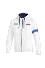 White Grand Prix Racewear hoodie with blue and red racing stripes and branding, ideal for motorsport enthusiasts and racewear fans.