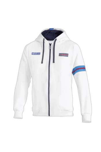 White Grand Prix Racewear hoodie with blue and red racing stripes and branding, ideal for motorsport enthusiasts and racewear fans.