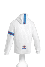 White Grand Prix racing hoodie with blue and red stripe details, featuring sponsor logos, designed for motorsport enthusiasts and racewear fans.