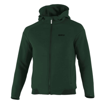Green racing hoodie with zip closure and hood, ideal for motorsport enthusiasts and racewear fans.