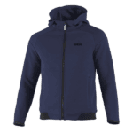 Navy blue Sparco racing hoodie with front zipper and hood, designed for motorsport enthusiasts and drivers.