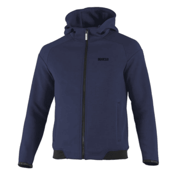 Navy blue Sparco racing hoodie with front zipper and hood, designed for motorsport enthusiasts and drivers.