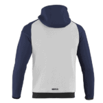 Grand Prix Racewear hoodie with navy blue sleeves and a white body, featuring the Sparco logo, designed for motorsport enthusiasts and racers.