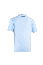 Light blue Grand Prix Racewear polo shirt with logo on the back, designed for motorsport enthusiasts and professionals.