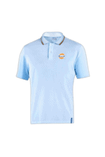 Light blue Grand Prix Racewear polo shirt with Gulf logo, short sleeves, and collar, ideal for motorsport enthusiasts and racing events.
