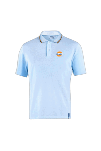 Light blue Grand Prix Racewear polo shirt with Gulf logo, short sleeves, and collar, ideal for motorsport enthusiasts and racing events.