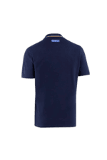 Navy blue Sparco racing polo shirt with logo on back, designed for motorsport enthusiasts and racewear fans.