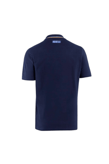 Navy blue Sparco racing polo shirt with logo on back, designed for motorsport enthusiasts and racewear fans.