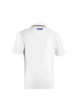 White Grand Prix Racewear racing polo shirt with blue logo on back collar, designed for motorsport enthusiasts and professionals.