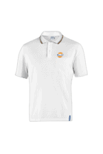 White Grand Prix Racewear polo shirt with Gulf logo, designed for motorsport enthusiasts and racing events.