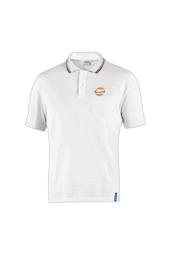 White Grand Prix Racewear polo shirt with Gulf logo, designed for motorsport enthusiasts and racing events.