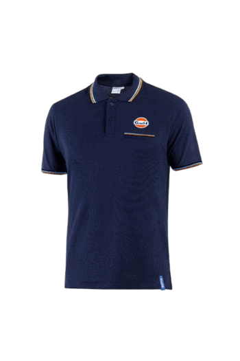 Gulf Racing Polo Shirt in navy blue with logo, ideal for motorsport enthusiasts and racewear fans.