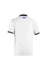 White Grand Prix Racewear polo shirt with black and orange trim, featuring the GP logo on the back collar, designed for motorsport enthusiasts.