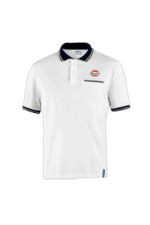 Grand Prix Racewear white polo shirt with Gulf logo, navy collar, and striped sleeve cuffs, ideal for motorsport enthusiasts and race events.